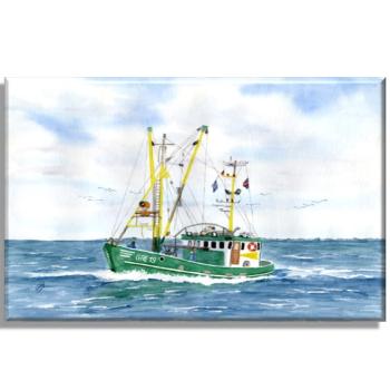 Leinwand 40 x 30 cm Keilrahmen Canvas-Leinen Aquarell Maritim Kunst Druck Kunstdruck Dänemark Nordsee Ostsee Fischerboot Kutter Fischkutter Krabbenkutter grün Ostfriesland Greetsiel Meer Boot Möwen